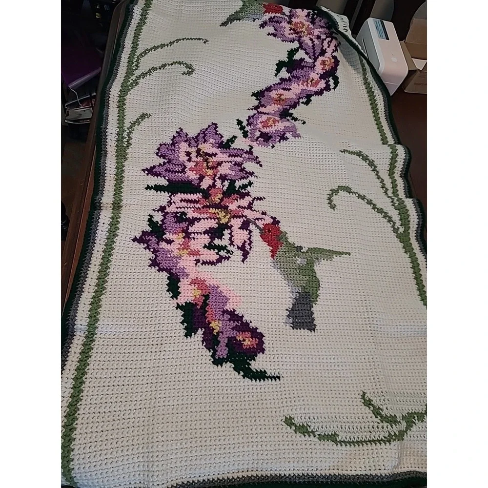 Hand Knit Flowers And Hummingbirds Couch/Table Runnner 28 X 58 Purple Pink Green